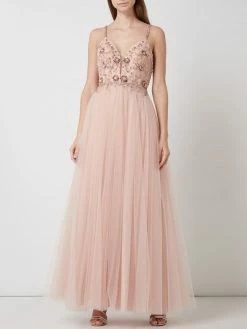 Unique Abendkleid Aus Tüll Mit Blüten-Applikationen - Rosé