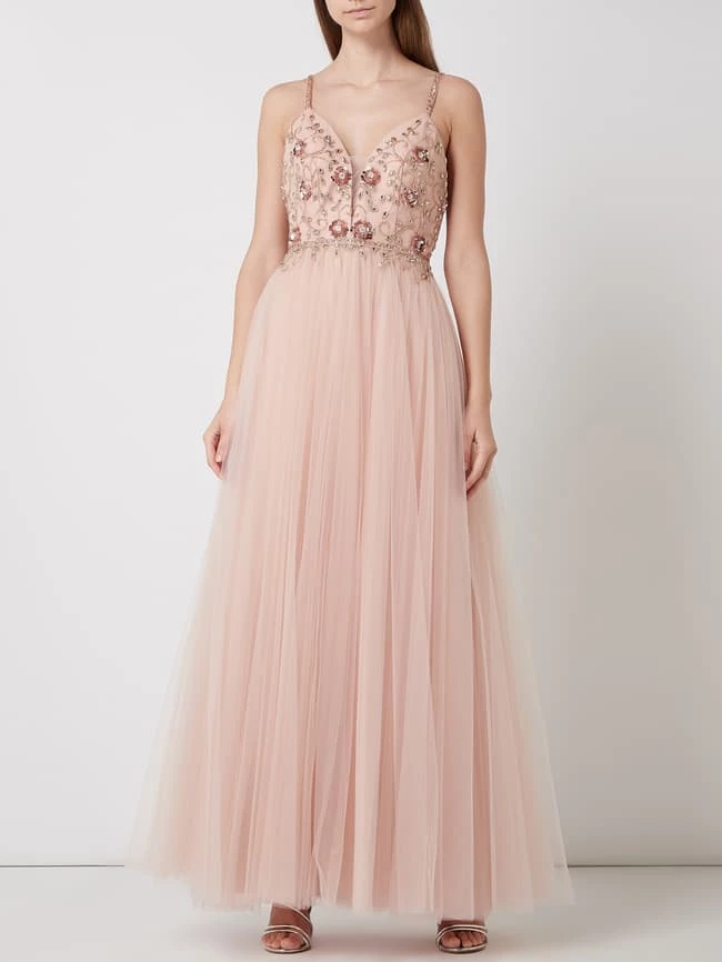 Unique Abendkleid Aus Tüll Mit Blüten-Applikationen - Rosé 1 Unique Abendkleid Aus Tüll Mit Blüten-Applikationen - Rosé